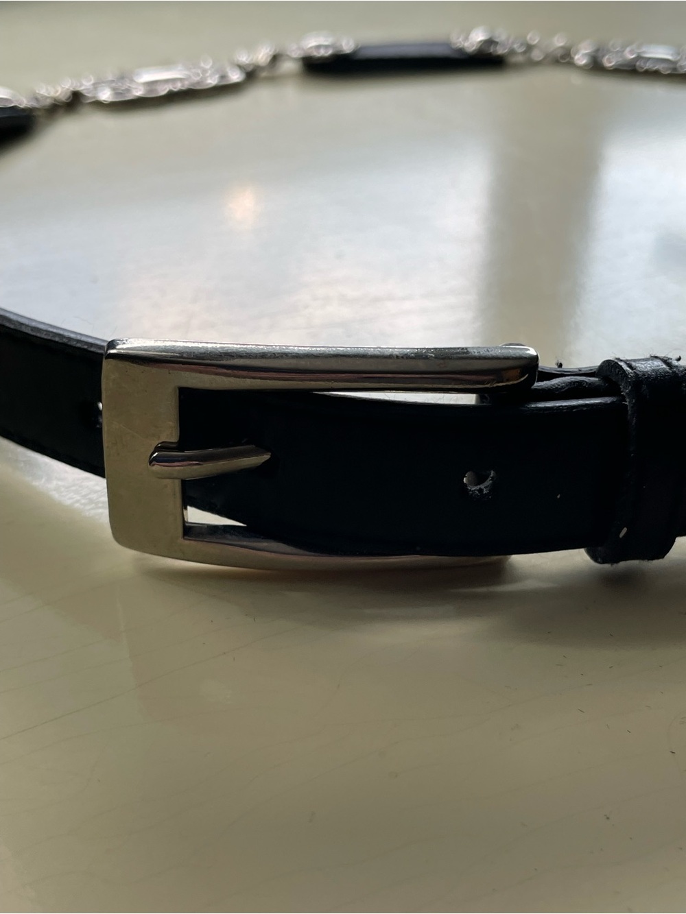 Black Leather Women’s Belt with Silver Links and Plates - Unbranded